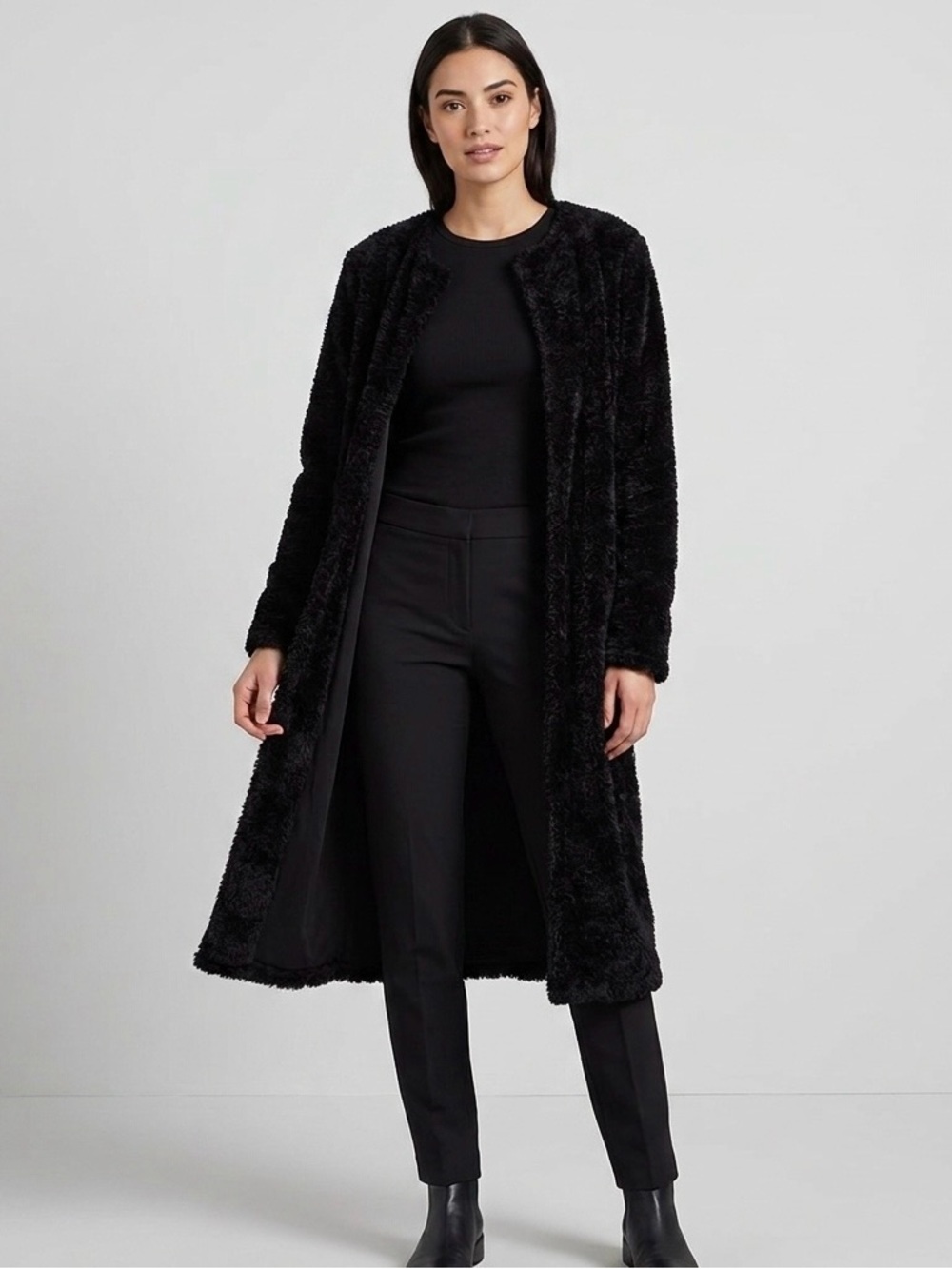 Vintage White House Black Market Boucle Faux Fur Duster Cardigan Coat USA XL